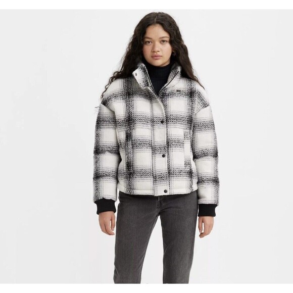 LEVIS Wool Blend Puffer Jacket Buffalo Plaid White Black NEW XS $148 Sold Out - Picture 1 of 10